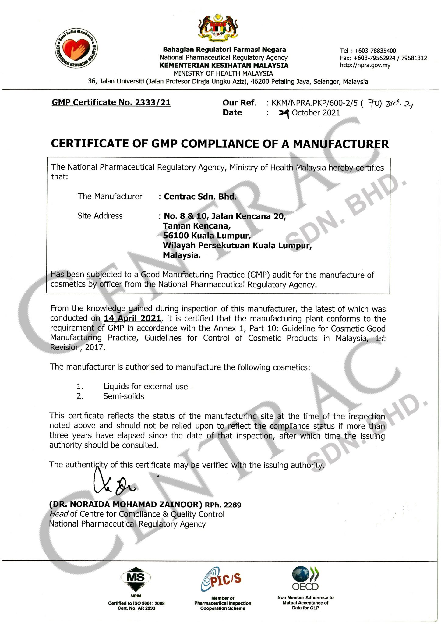 Certificate Centrac Hotel Amenities Manufacturer Malaysia